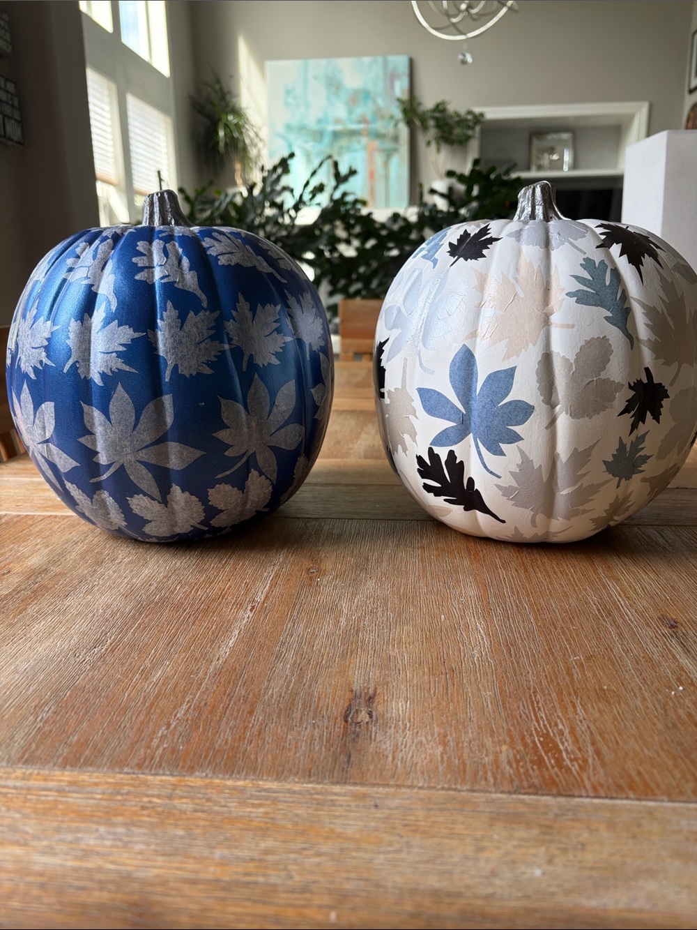 Handmade Blue and White  Decoupaged Pumpkins - Set of 2